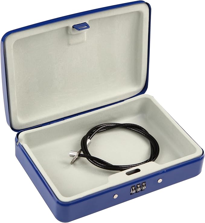 SEPOX Portable Security Case Lock Box Steel, Personal Travel Safe Storage Cabinet for Small Item, with 3 Ft Cable and Ressetable Combination Lock for Dorm, Car, Sports, Office, Blue