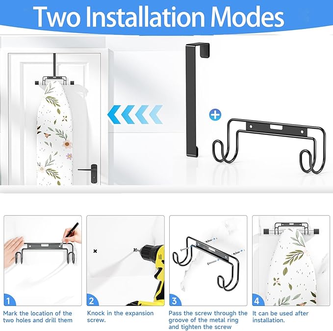 Ironing Board Hanger - Over-The-Door & Wall-Mounted Ironing Board Holder,Removable Hook,Durable Metal Organizer Rack for Y & T-Shaped Boards (Silver)