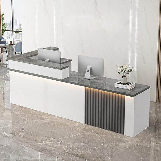 Receptionist Desk with LED Light，Wooden Salon Checkout Counter with Storage Drawer & Keyboard Tray Modern L-Shaped Reception Desk for Barbershop Office Company Store