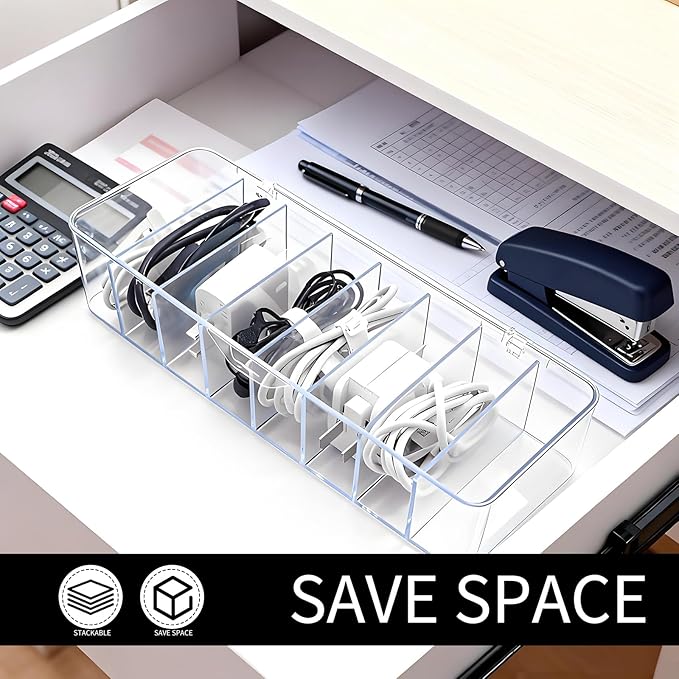Cheardia 4 Pack Cable Storage Organizer, 10 In Plastic Cord Storage Box with 30 Wire Ties, Clear Charger Organizer with Lid for Office Home Desk Accessories