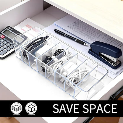 Cheardia 4 Pack Cable Storage Organizer, 10 In Plastic Cord Storage Box with 30 Wire Ties, Clear Charger Organizer with Lid for Office Home Desk Accessories