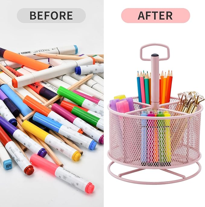 Marbrasse Mesh Desk Organizer, 360-Degree Rotating Multi-Functional Pen Holder, 4 Compartments Desktop Stationary Organizer, Home Office Art Supply Storage Box Caddy (Pink)