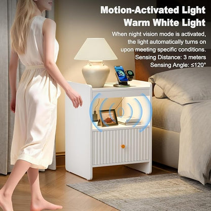 HIFYOBRO 21.6" Tall Fluted Nightstand, End Table with Charging Station and LED Light, Modern End Side Table with Drawer(White)