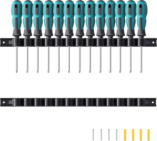 2 Pack Wall-Mounted Screwdriver Organizers with Screws - Heavy-Duty ABS Plastic Tool Holder for Screwdrivers, Wrenches, Piers - Garage Workshop Storage (Black,2 PCS)