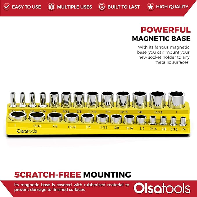 Olsa Tools Magnetic Socket Organizer | 3/8-inch Drive | SAE | Yellow | Holds 16 Sockets | Professional Quality Tools Organizer