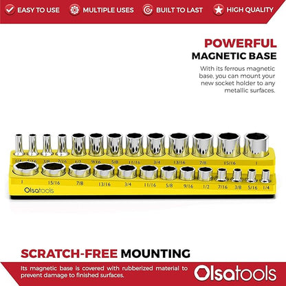Olsa Tools Magnetic Socket Organizer | 3/8-inch Drive | SAE | Yellow | Holds 16 Sockets | Professional Quality Tools Organizer