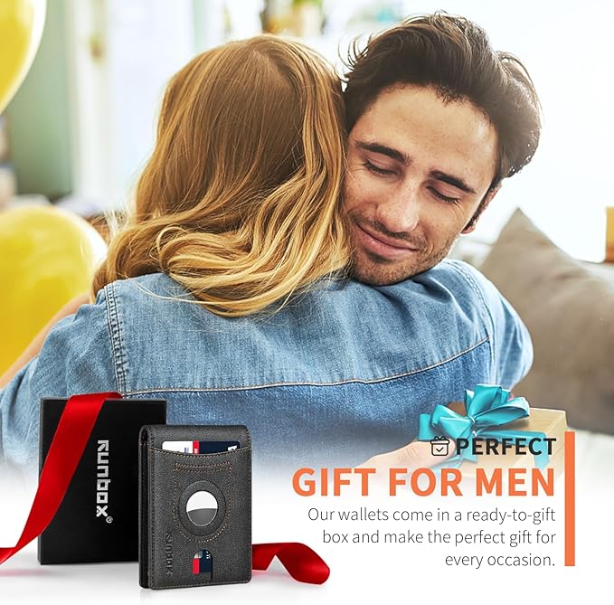 RUNBOX AirTag-Wallet-Mens-Slim-RFID Blocking Wallets Leather with Bill Compartment Air Tag Bifold Card Holder Wallet Gifts for Men Dad