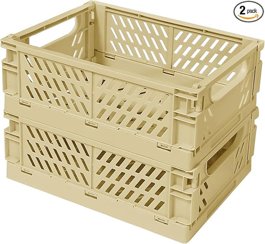 Small Pastel Plastic Storage Bins 2Pcs Foldable Pastel Crates Plastic Basket Colorful Storage Containers Baskets for Classroom Kitchen Office Bedroom Desktop Home Decor (Yellow 5.8" x 3.8" x 2.2")