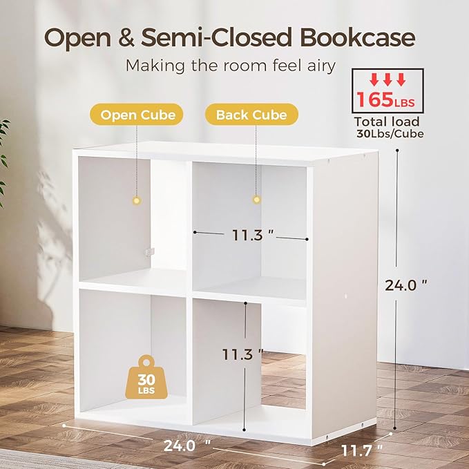 COMHOMA 4 Wood Cube Storage Organizer with Open Back and Removable Back Panels, 11In White Cube Storage Bookshelf, Cubicle Shelf Bookcase for Home Office Bedroom Living Room, Vertical or Horizontal