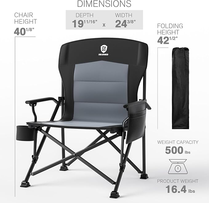 EVER ADVANCED Oversized Folding Camping Chair for Adults, Heavy Duty Lawn Chair with Side Pockets, Portable Collapsible Quad Chair for Outside, Support Up to 500lbs, Black 2PACK