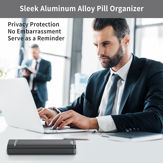 Metal Weekly Pill Organizer, Serfeymi Aluminum Daily Pill Box(Spare Gasket Provided),7 Day Pill Case Travel Medicine Organizer,Pill Containers with Individual Lid for Vitamins,Pills, Supplement-Black