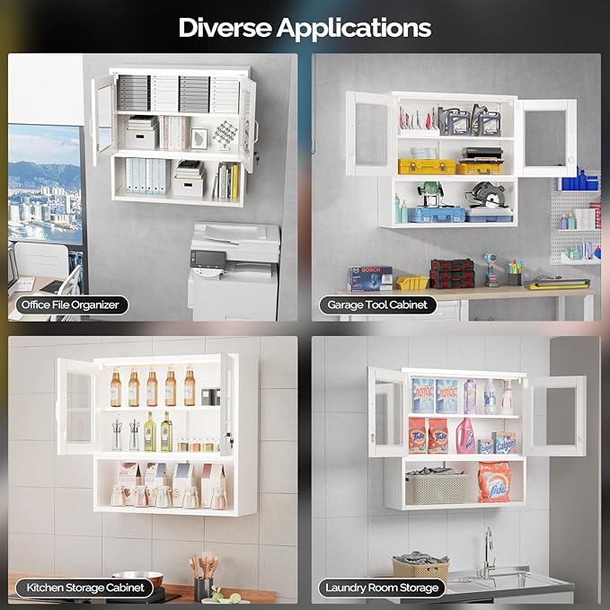 VINGLI Metal Wall Cabinet with Locking Glass Doors & Magnetic LED Sensor Light, Adjustable Shelf, Wall Mounted Storage Display Cabinets for Garage, Kitchen, Home Office, Warehouse, Living Room, White