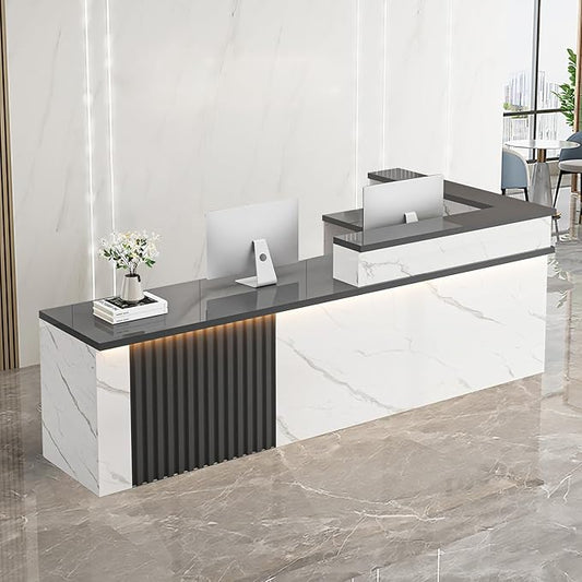 Receptionist Desk with LED Light，Wooden Salon Checkout Counter with Storage Drawer & Keyboard Tray Modern L-Shaped Reception Desk for Barbershop Office Company Store