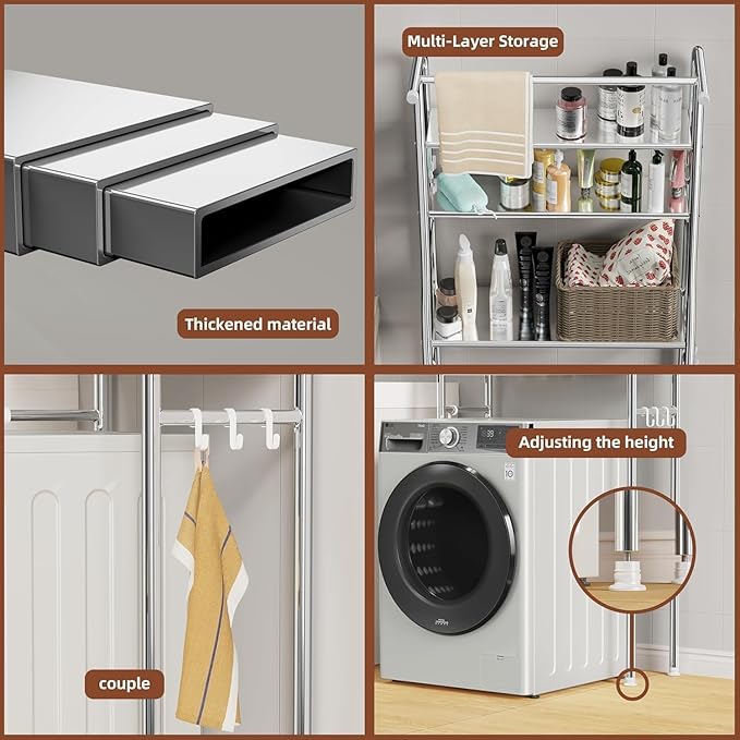 Over The Washer and Dryer Storage Shelf, 3 Tier Laundry Room Metal Drying Rack with Towels Hangers, Space Saver Organizer for Hanging Clothes and Towels (Stainless Steel RA1)