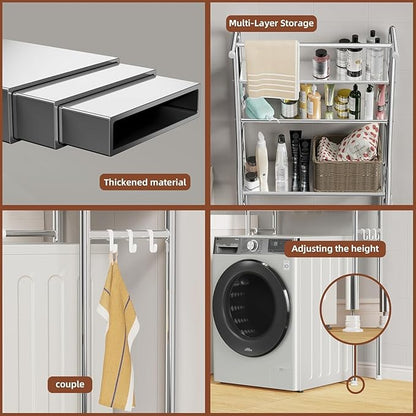 Over The Washer and Dryer Storage Shelf, 3 Tier Laundry Room Metal Drying Rack with Towels Hangers, Space Saver Organizer for Hanging Clothes and Towels (Stainless Steel RA1)