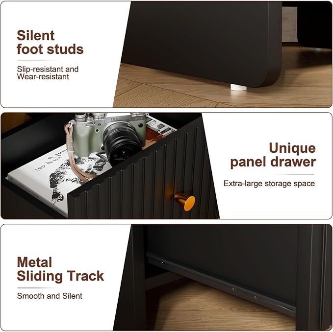 HIFYOBRO 21.6" Tall Fluted Nightstand, End Table with Charging Station and LED Light, Modern End Side Table with Drawer (Black)