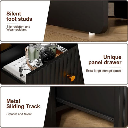 HIFYOBRO 21.6" Tall Fluted Nightstand, End Table with Charging Station and LED Light, Modern End Side Table with Drawer (Black)