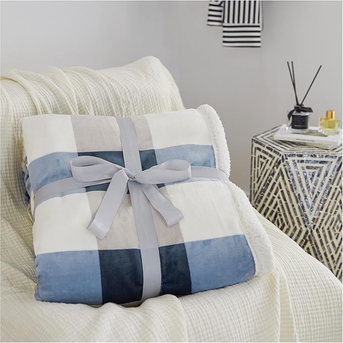 PU MEI Sherpa Fleece Throw Blanket 80" x 90" Full/Queen Reversible Plush Fluffy Extra Large Big Blanket Lattice Flannel Blankets for Sofa Couch Bed (Grey-Soft Blue, 80"*90")