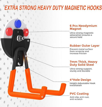 8 Pack Heavy Duty Storage Magnetic Utility Hooks Large Garage Strong Extra Magnet Hooks Hanger with Anti-Slip Coating Heavy Duty Magnetic Hooks for Hanging Power Dril Garage Garden Tools Orange