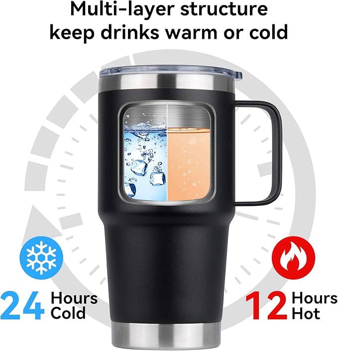 HASLE OUTFITTERS 20oz Tumbler Bulk with Lid, Stainless Steel Tumbler Bulk with Handle, Metal Insulated Travel Coffee Mug Set with Handle, Double Wall Vacuum Leak Proof Tumbler Cup, Black 6 Pack