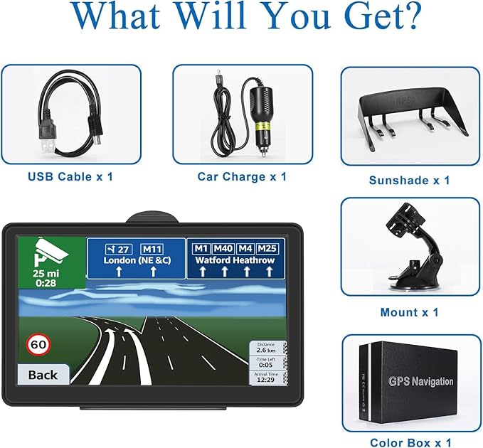 GPS Navigation for Car, 2025 Map 7 inch Touch Screen Car GPS, Voice Turn Direction Guidance, Support Speed and Red Light Warning, Pre-Installed North America Lifetime map Free Update