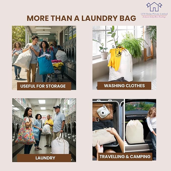 LFH Home Cotton Canvas Large Laundry Bag with Handle, Heavy Duty Drawstring Closure Washable Laundry Bags, School Travel, Home, Hotel, College Dorm, Organizer Sack, Toy Clothes 28x40 (Pack of 6)-White