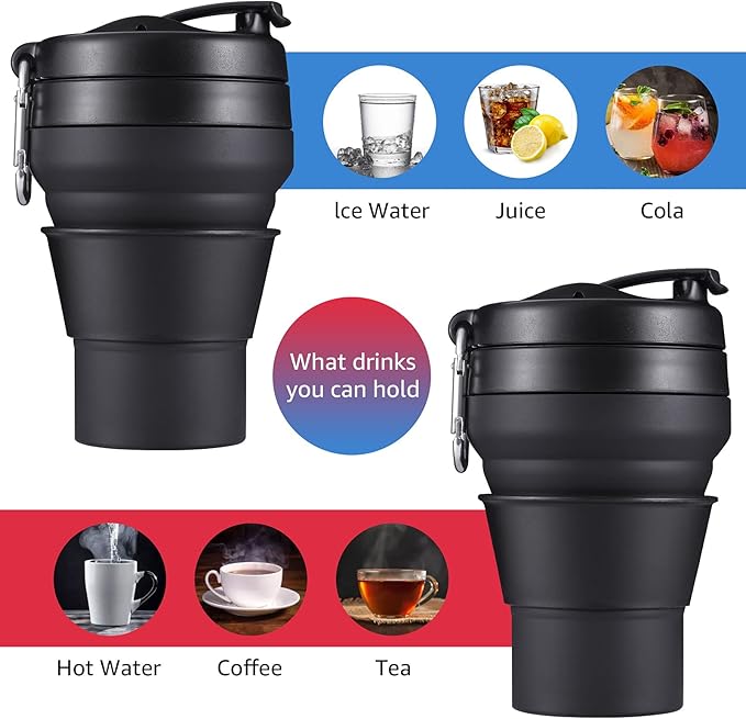 Collapsible Coffee Cup, 16 OZ 480ml Silicone Travel Folding Cup, Leak Proof BPA Free Portable Cup, Travel mug with Lids for Camping hiking (16OZ)