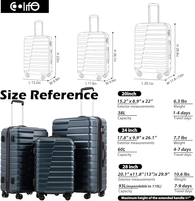 COOLIFE Expandable Suitcase PC ABS TSA Luggage Lock Spinner Carry on (wine red, 3 piece set)