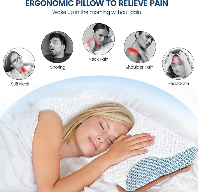 Neck Pillow Contour Memory Foam Pillows for Pain Relief Bed Pillow for Sleeping, Ergonomic Pillow for Neck and Shoulder Pain, Orthopedic Cervical Pillow for Side Back Stomach Sleeper(White&Blue)