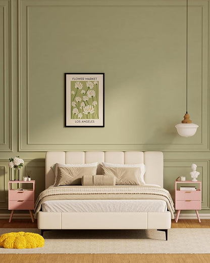 Pink Nightstand,Modern Bedside Table with 2 Storage Drawer and Open Wood Shelf, for Bedroom and Small Spaces,Night Stand with Solid Wood Legs