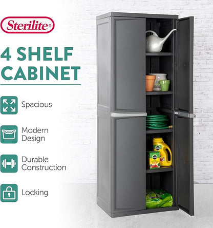Sterilite 4 Shelf Cabinet, Lockable Utility Storage w/ Adjustable Shelves, Gray - Plastic Shelving Unit for Organizing Garage, Pantry, Basement, Laundry Room or Mudroom