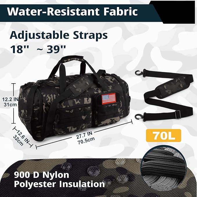 Tactical Gym Bag for Men，70L Large 3 in 1 Sports Duffle Bag with Shoes Compartment for Travel,Water Resistant Travel Backpack Weekender Overnight Bag with Wet Pocket for Women