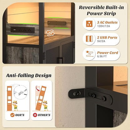82.6" Tall Bar Cabinet with Power Outlets, 6-Tiers Reversible Wine Cabinet with LED Lights, Glass Holder & Wine Rack, Liquor Storage Cabinet Coffee Bar Unit Station for Dining Living Room, Grey Oak