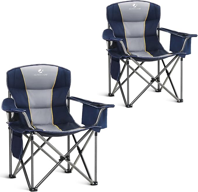 ALPHA CAMP Oversized Camping Chair Heavy Duty Lawn Chair with Cooler Bag Support 450 LBS Steel Frame Collapsible Padded Arm Quad Lumbar Back Folding Chair for Lawn Outdoor