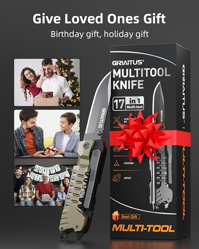 Multitool Knife, 17 in 1 Pocket Knife with Screwdriver, Fire Starter Sticks, Bottle Opener, Saw, Whistle, Nylon Sheath, EDC Gear for Survival, Camping, Hiking, Outdoor, Gifts for Dad - Desert Gray