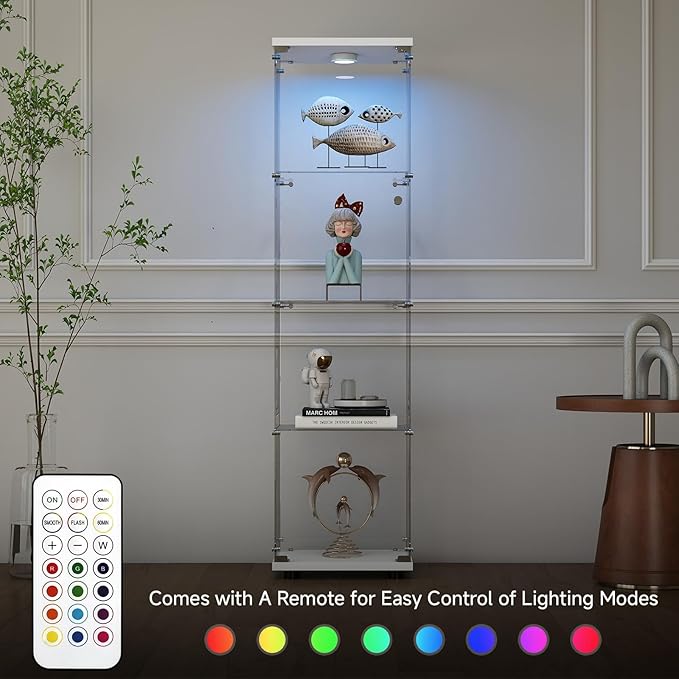 Tempered Glass Display Cabinet with Lights, 4-Tier Curio Cabinet with Glass Doors and Lock, Glass Display Case for Collectibles, for Living Room, Bedroom, Office, White, Single Door