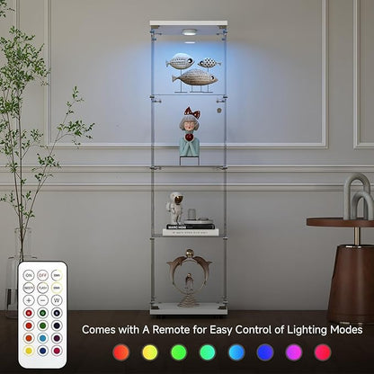 Tempered Glass Display Cabinet with Lights, 4-Tier Curio Cabinet with Glass Doors and Lock, Glass Display Case for Collectibles, for Living Room, Bedroom, Office, White, Single Door