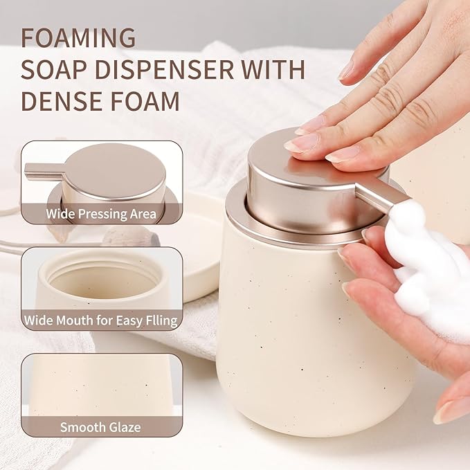 BosilunLife Bathroom Accessories Set 3 pcs - Bathroom Ceramic Foaming Soap Dispenser Set Farmhouse Bathroom Decor, Foam Soap Dispenser and Toothbrush Holder with Tray