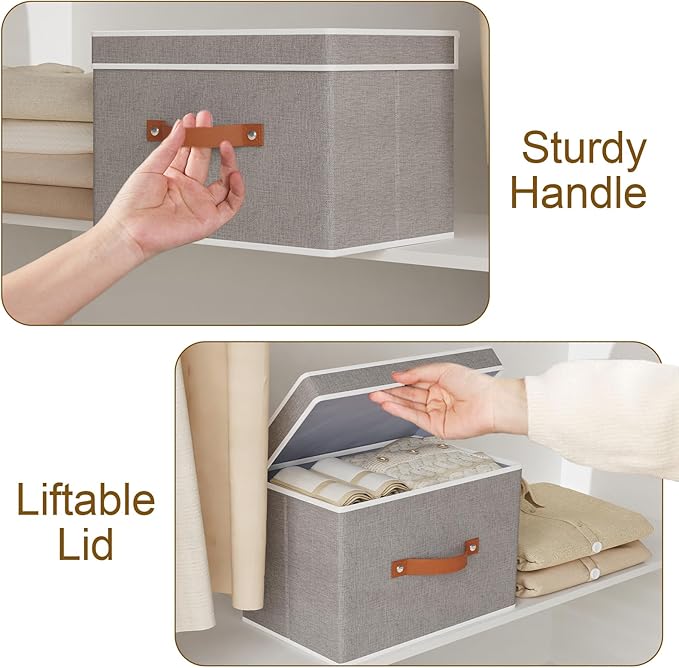 Fabric Storage Bins with Lids, Linen Foldable Clothes Boxes, Closet Organizer Containers with Double Handles, Baskets for Bedroom, Grey, 5 Pack, 13 x 9.1 x 7.9 Inch