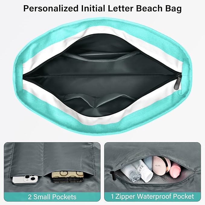 Becokan Beach Bag Initial Beach Tote with Makeup Bag for Travel Work Storage Personalized Birthday Gifts for Women Her