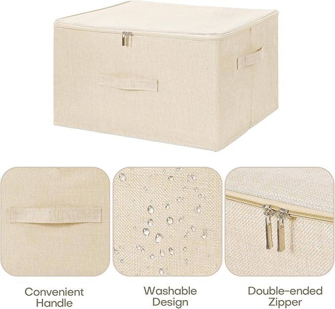ANMINY 2PCS Storage Bins with Zipper Lids 51.9 Qt Lidded Fabric Storage Boxes Baskets Cubes with Handles Collapsible Washable Cotton Linen Closet Shelf Clothes Organizer - Beige, Extra Large