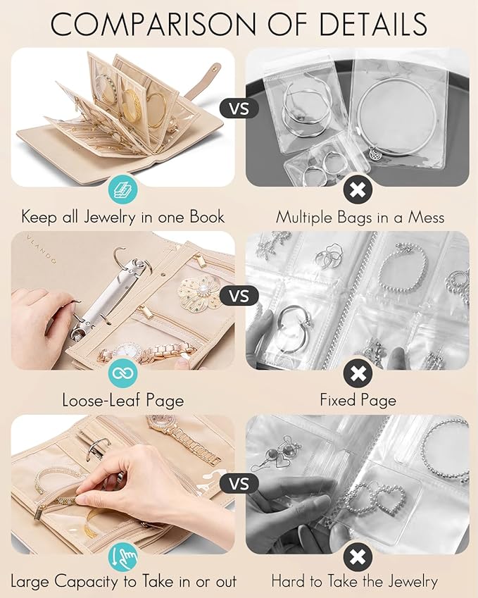 Vlando Travel Jewelry Organizer Case,Teacher Appreciation Gifts,Jewelry Storage Book Ring Binder with Clear Zipper Velvet Pouch Bag for Traveling,Rings,Necklace,Earrings,Bracelets,Brooches-Toffee