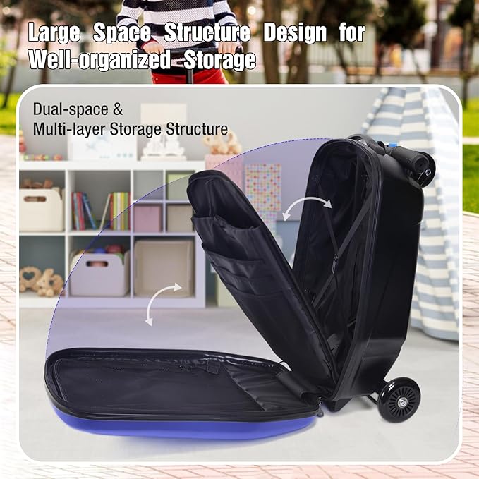 20" Kids Scooter Suitcase Ride-On Carry-On - 2-in-1 Lightweight Hardshell Luggage for Airplane Travel, Foldable Rolling Suitcase for Boys & Girls Ages 4-12
