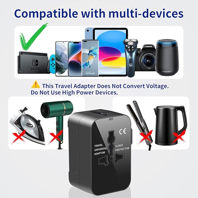 Universal Travel Adapter with 3.0A PD USB-C & QC USB-A Ports, Fast Charging International Plug Adapter, Worldwide Wall Charger AC Power Plug Converter Adaptor for US to EU UK AUS Asia