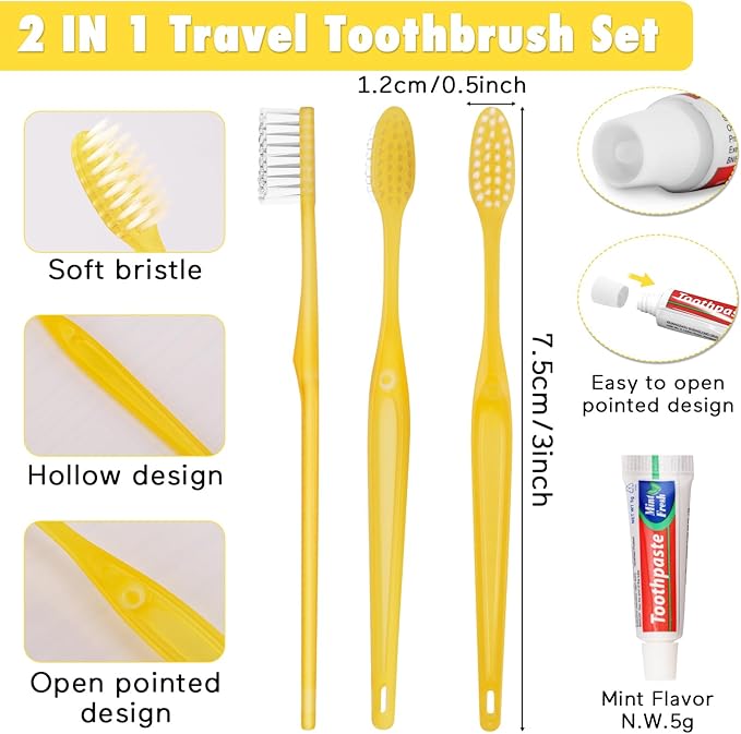 HOFASON Disposable Toothbrushes with Toothpaste Pack of 30, Yellow Hollow Travel Toothbrush Set with 5g Toothpaste Individually Wrapped Toothpaste Bulk for Homeless, Nursing Home, Shelter, Hotel