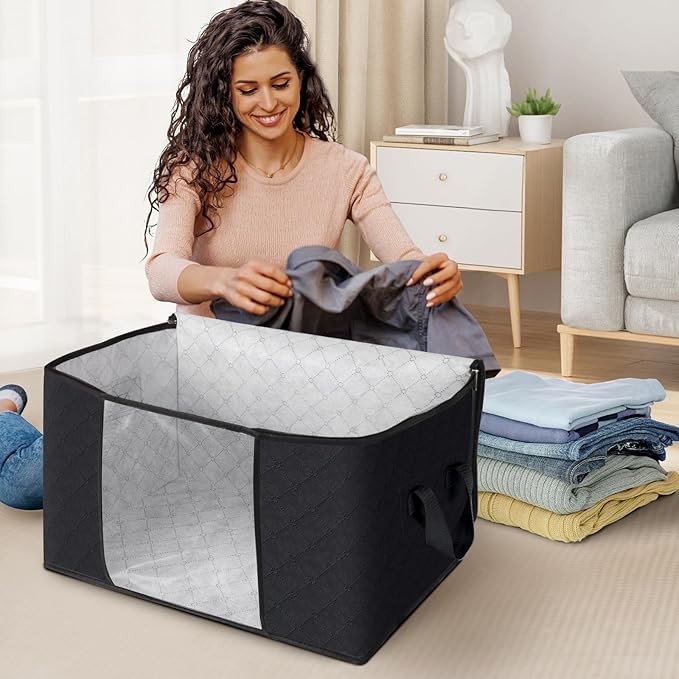 Fab totes 3 Pack Clothes Storage, Foldable Thick Fabric Blanket Storage Bags, Containers for Organizing Bedroom, Closet, Clothing, Comforter,Closet Organization with Handle,Black