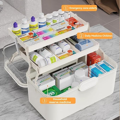 3-Tier Portable Medicine Storage Box, Medical Organizer With Removable Small Medicine Box, Dustproof & Moisture-Proof, Family Size with Transparent Visual Design, Suitable for Home&Travel Use (White)