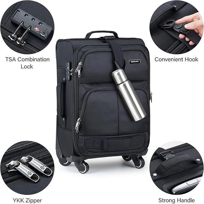 Hanke 3 Piece luggage Sets Softside Expandable luggage with Spinner Wheels TSA Lock,Travel Lightweight Luggage Sets,Black