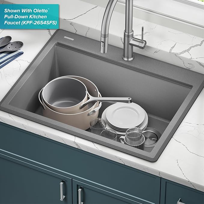 KRAUS Bellucci 28-inch Granite Workstation Drop In Top Mount Single Bowl Kitchen Sink in Metallic Black with Accessories, KGTW12-28MBL