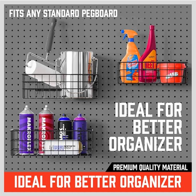 HORUSDY Peg Board Bins and Baskets | 4 Pack | Square Style 4 Size Pegboard Baskets and Pegboard Bins for Organize Workbenches, Accessories